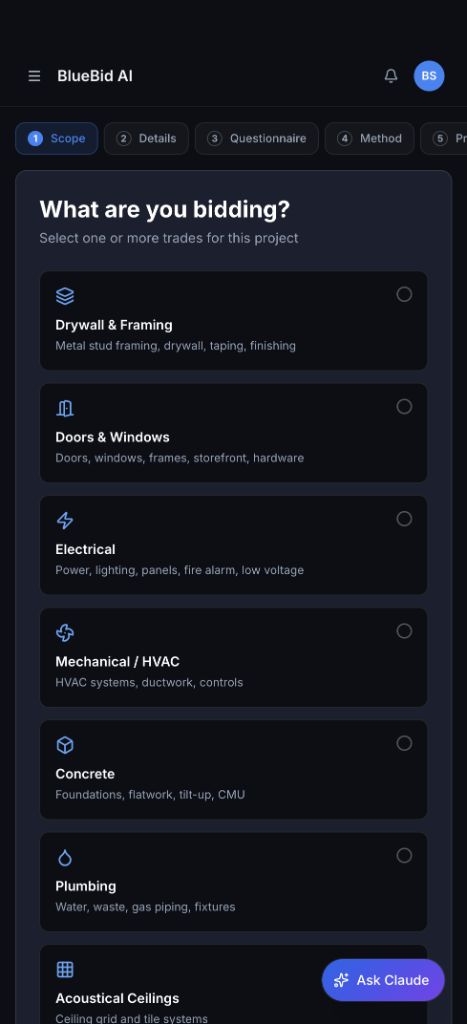 BlueBid AI trade-selection screen at the start of the guided bid workflow
